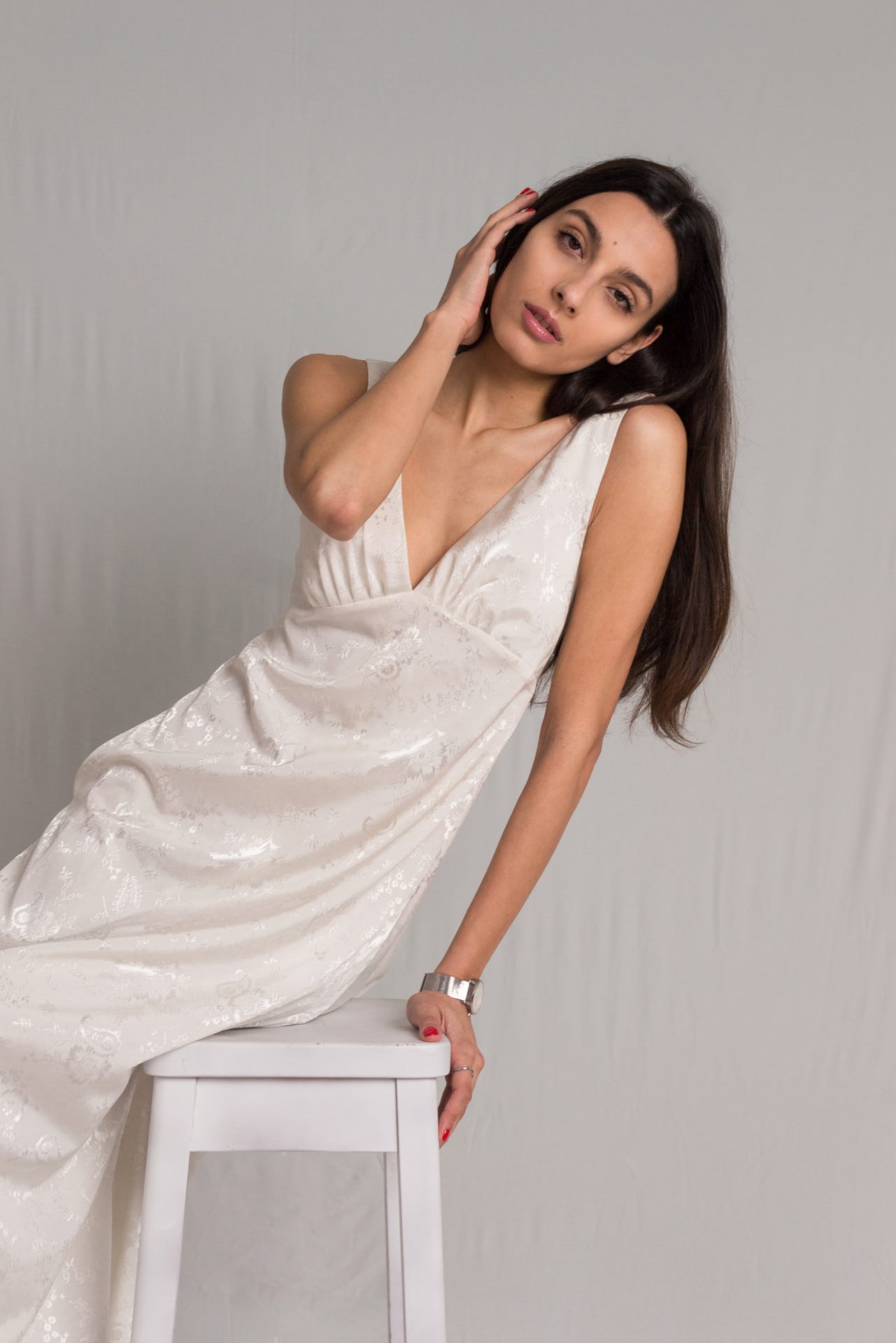 Bastet Noir made to order white applique brocade silk slip dress with ruched details and side pockets