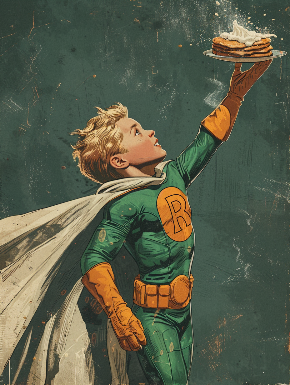 kids superhero celtic, throwing pancakes comic book style illustration, created with Midjourney AI generated image.