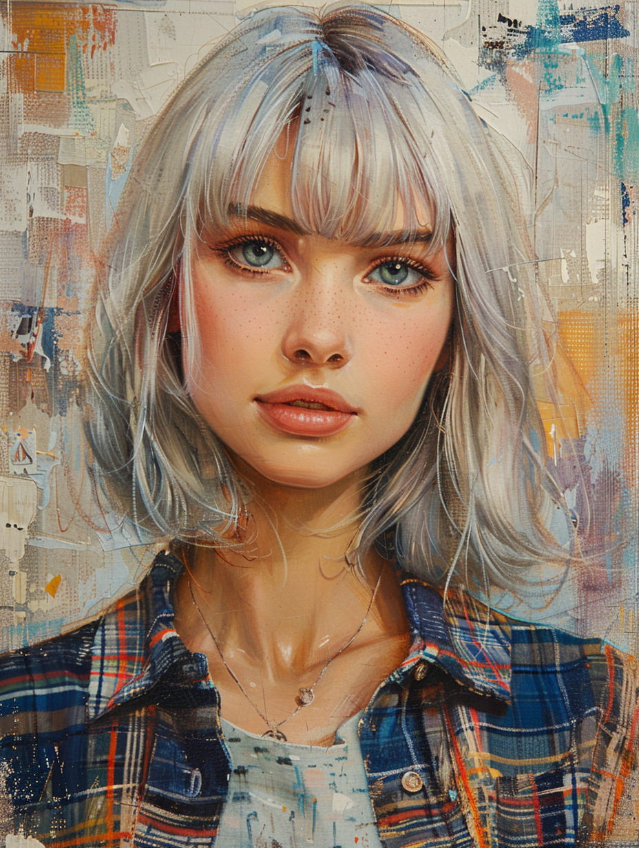 painting, gorgeous 18 year old mythical woman with a slight smile, silvery hair, bangs, direct front view, brushstrokes, impressionism, created with Midjourney AI generated image.