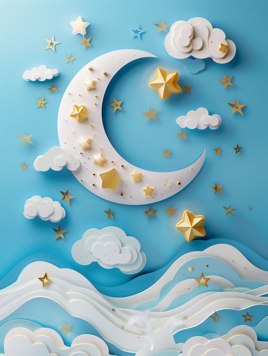 3D papercut art of the moon and stars, clouds, ocean waves on a pastel blue background with gold accents, created with Midjourney AI generated image.