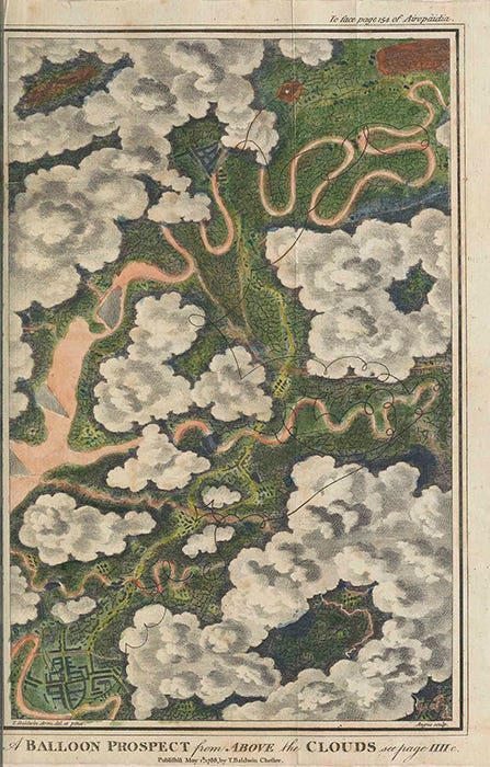 New inventions showed a view of the world that had never been seen before, as depicted by Thomas Baldwin – a drawing of one of the first aerial views of Earth in his “Airopedia” published in 1785. New inventions showed a view of the world that had never been seen before, as depicted by Thomas Baldwin – a drawing of one of the first aerial views of Earth in his “Airopedia” published in 1785.