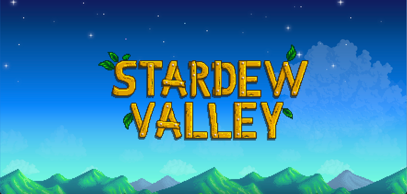 Visually in 16-bit fashion: sign made from wood spelling out “Stardew Valley”, on a backdrop of the night sky, hint of sunrise, and rolling hills.