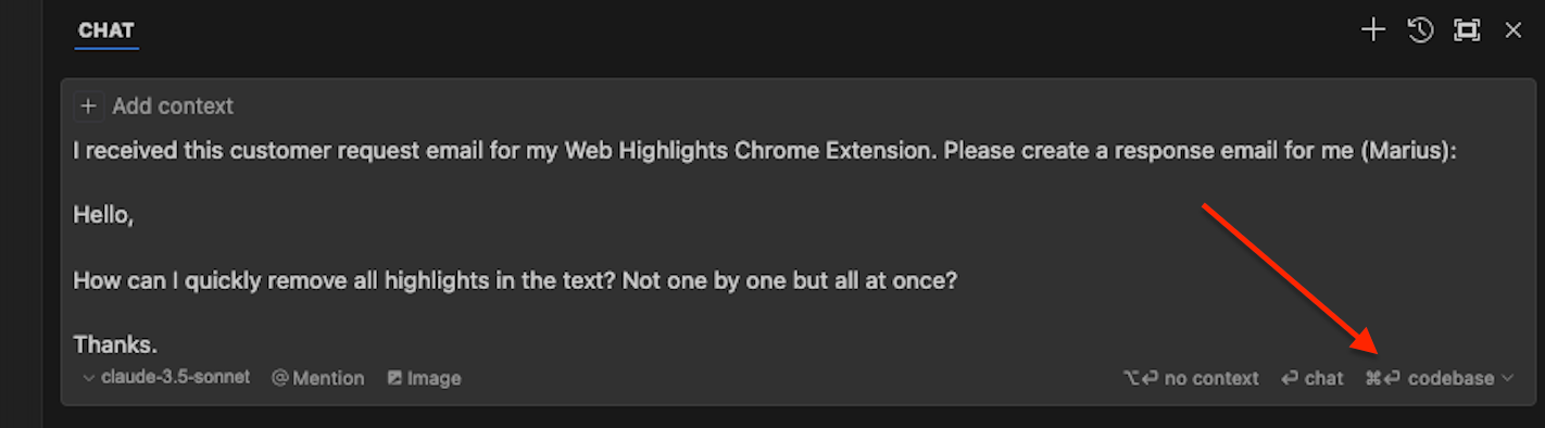 Cursor AI question: I received this customer request email for my Web Highlights Chrome Extension. Please create a response email for me (Marius): Hello, How can I quickly remove all highlights in the text? Not one by one but all at once? Thanks.