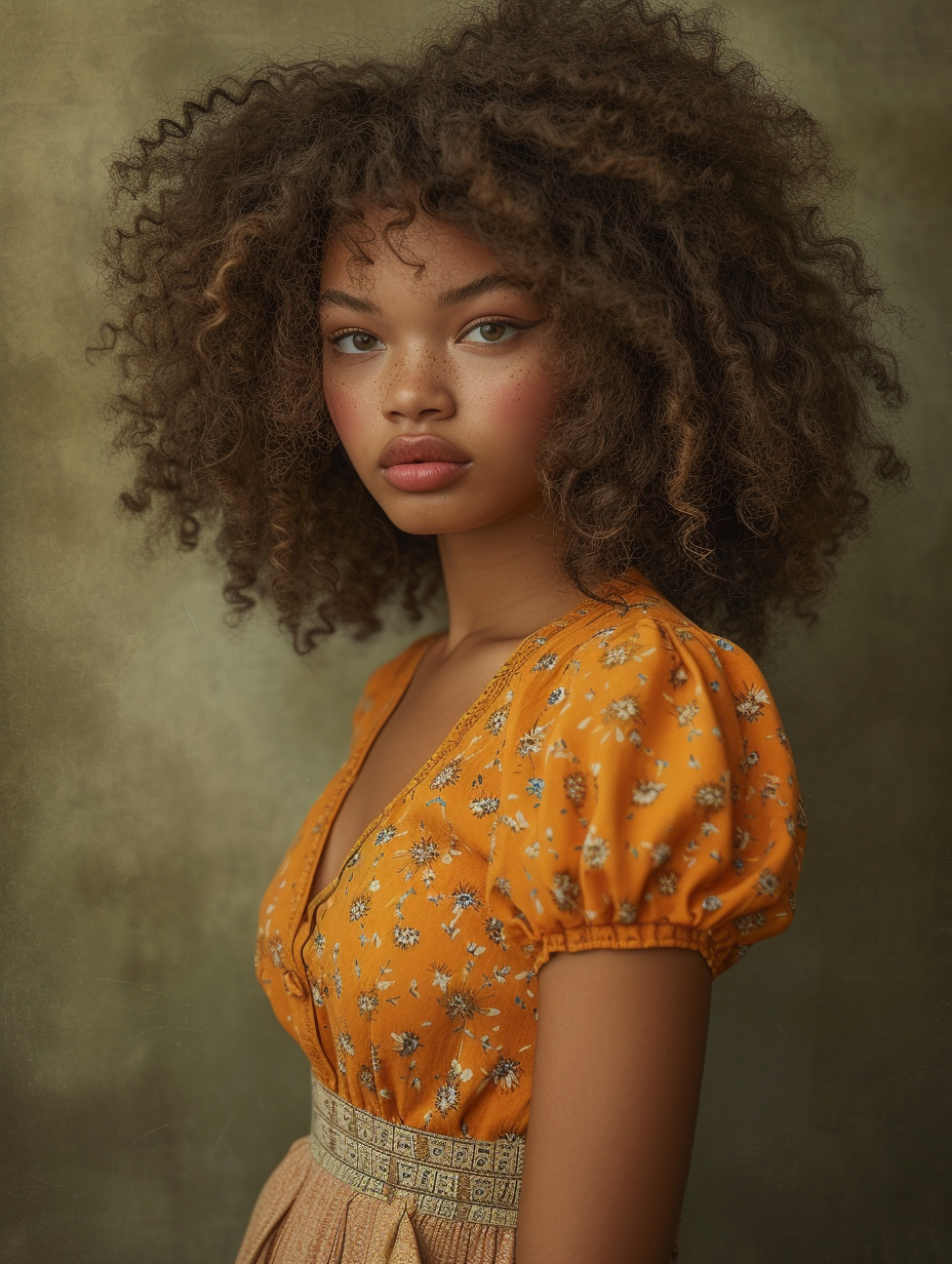 Goldilocks as a modern bi-racial woman, fashion photography, created with Midjourney AI image generated.