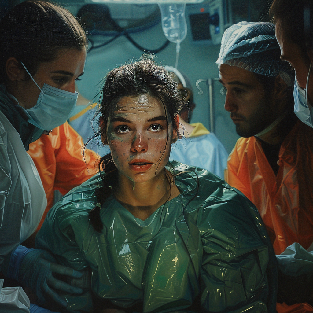 An intense and realistic hospital scene featuring a young female patient, upset expression, with a medical team around her, AI generated image, created with Midjourney.