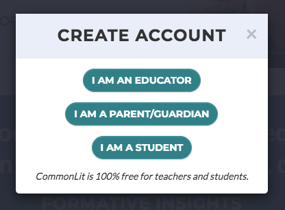 Educator, parent/guardian, and student buttons for creating an account.