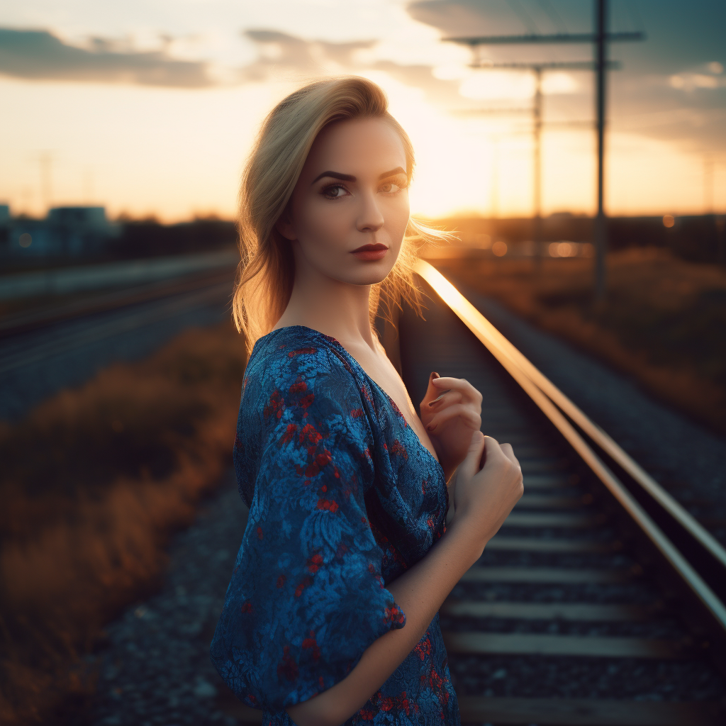 woman near train tracks at sunset, blonde hair, created with Midjourney AI generated image.