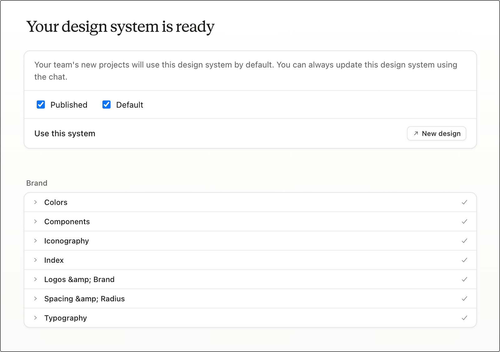 Design system setup screen with the heading “Your design system is ready,” showing published and default status, a “Use this system” section with a “New design” button, and a checklist of brand elements including colors, components, iconography, logos, spacing, and typography.