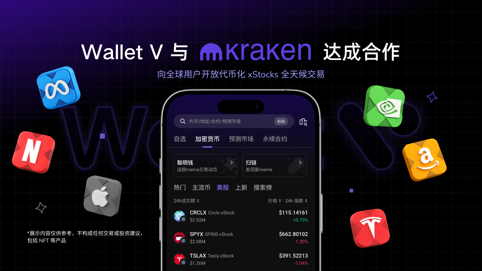 Wallet V 与 Kraken 达成合作，向全球用户开放代币化 xStocks 全天候交易