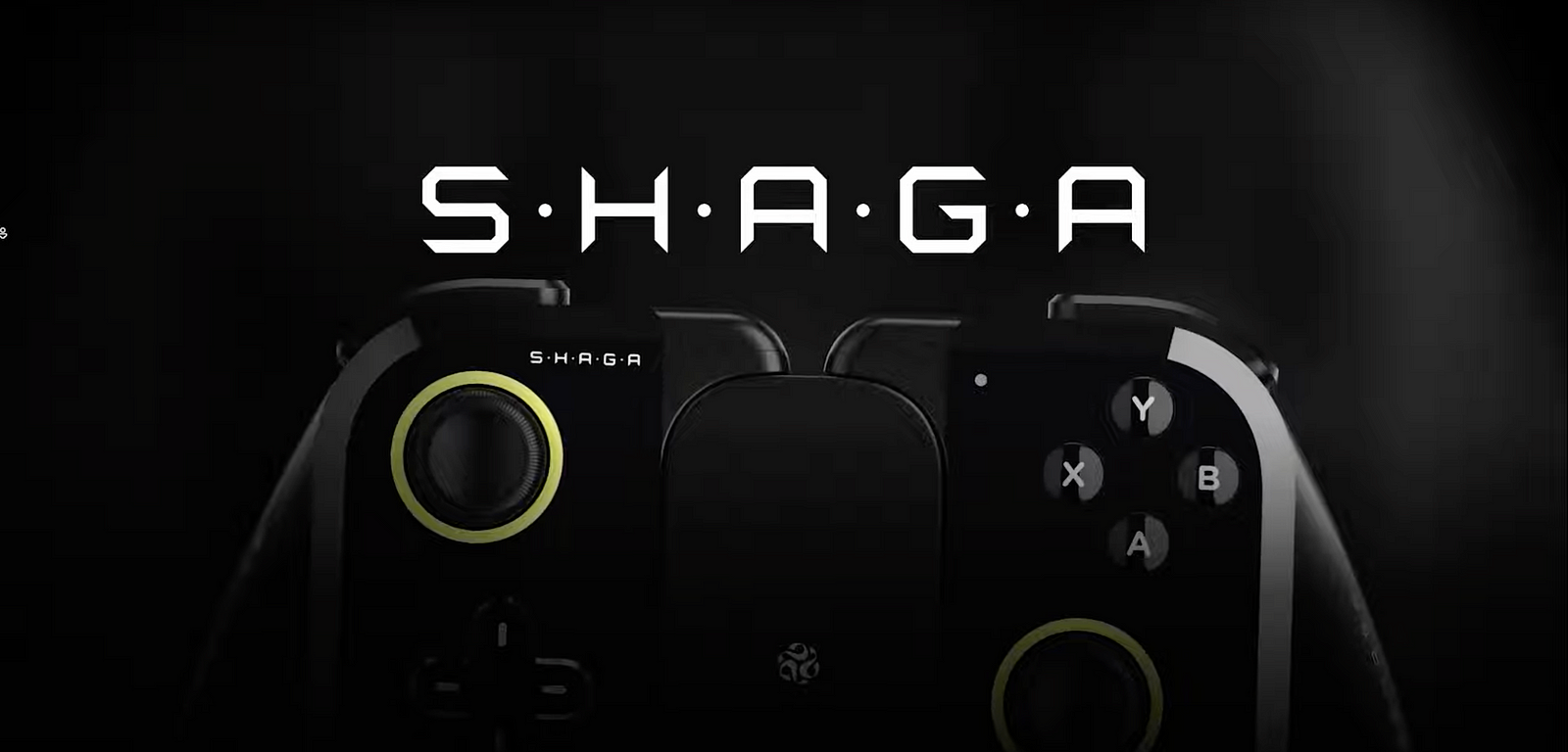 Modern black gaming controller with glowing circular buttons and the word “SHAGA” displayed in futuristic white typography on a dark background.