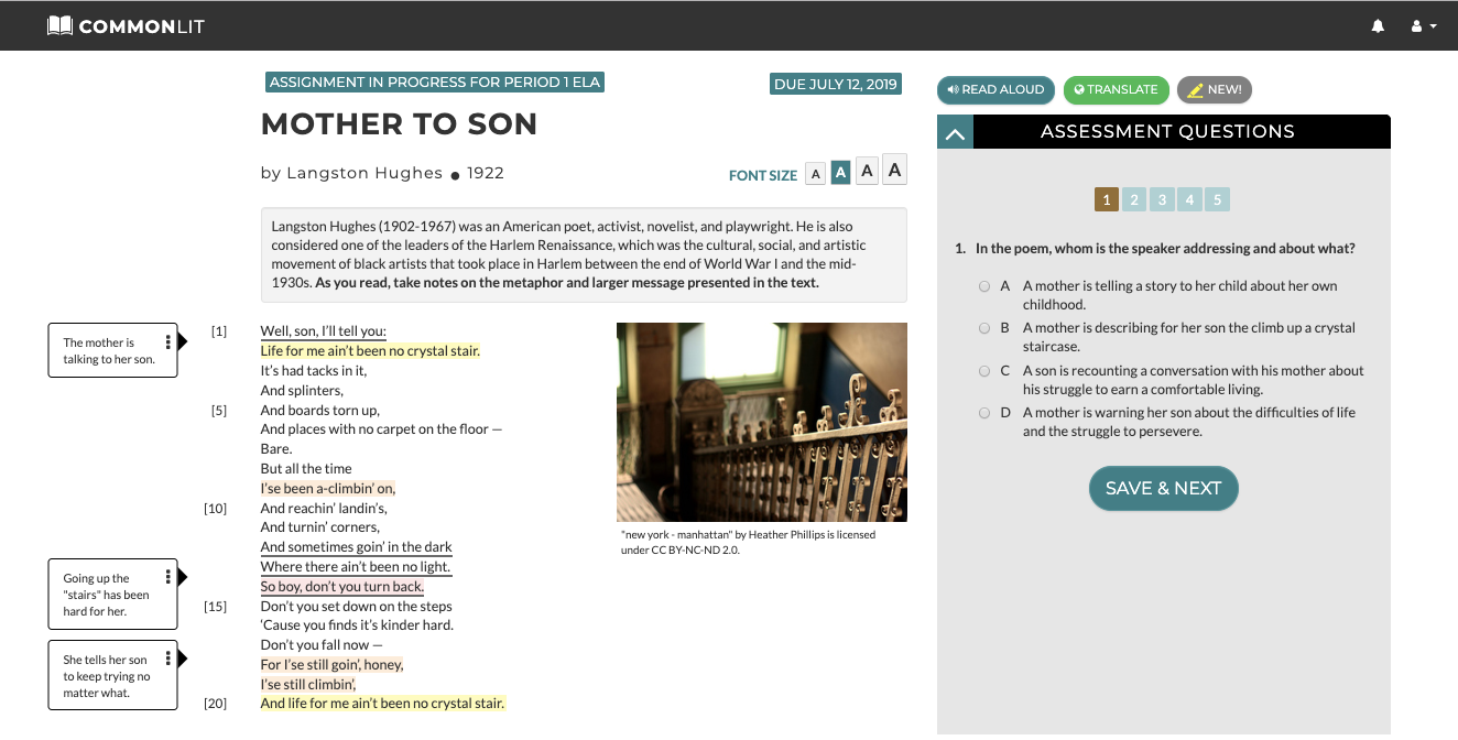 The CommonLit lesson "Mother to Son" with student annotations. 