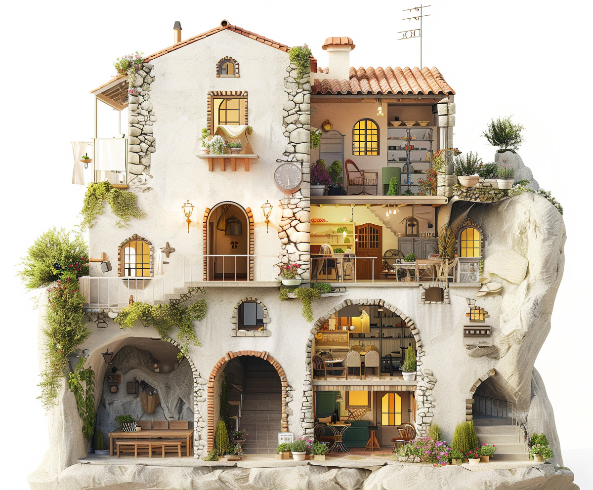 Cartoon cute 3d render, dollhouse, villa, cross-section view, created with Midjourney AI generated image.