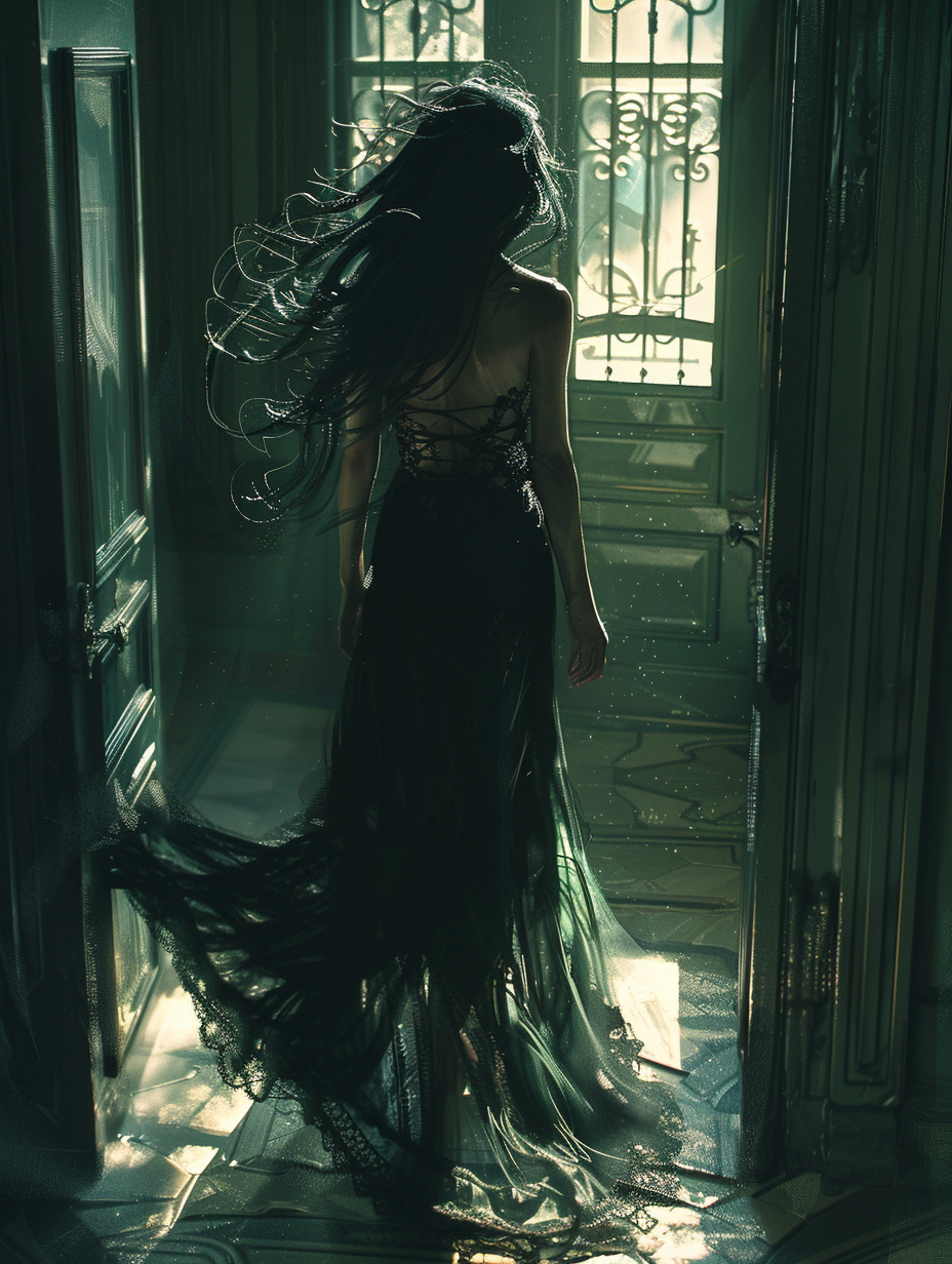 Beautiful woman walking away through a door. She has long black hair and a flowing black dress. Sunshine shining into the darkness, graphic novel style image, created with Midjourney AI generated image.