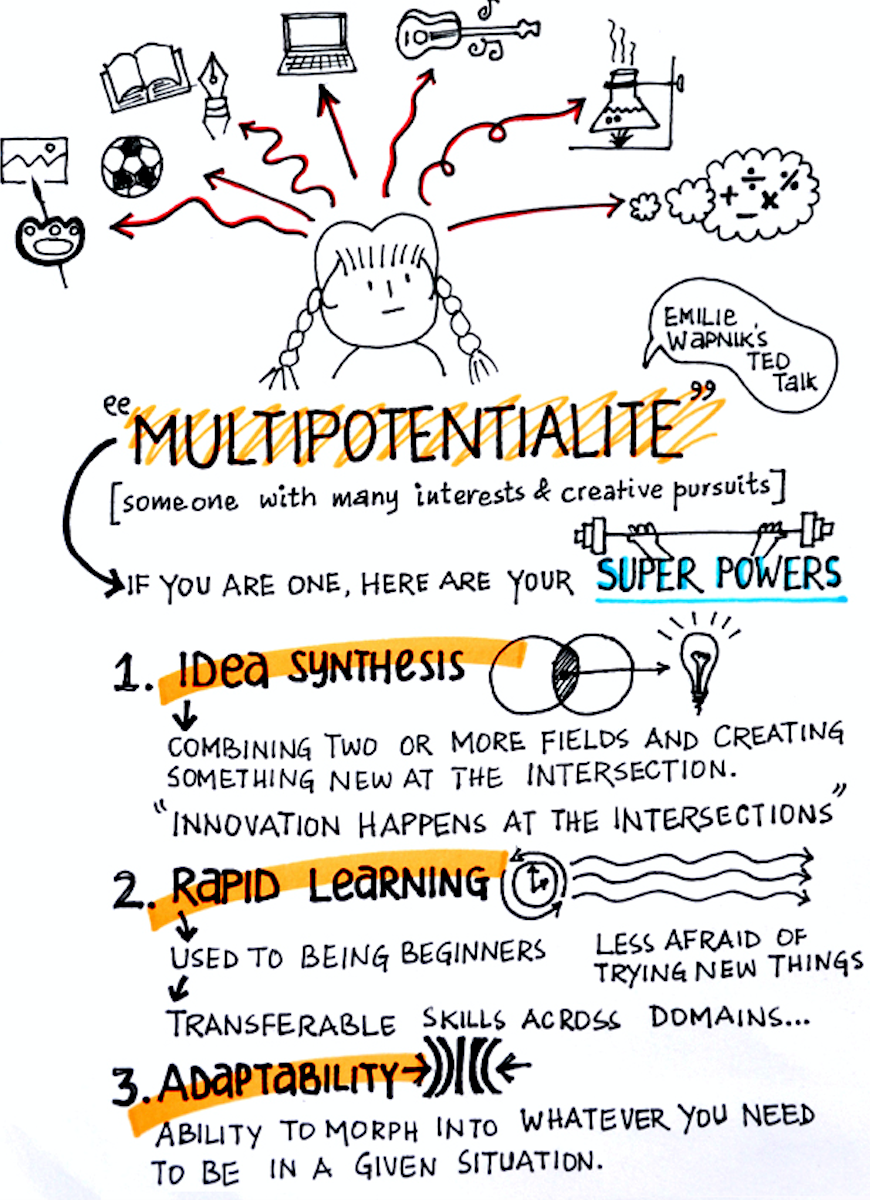 Le tre principali caratteristiche del multipotenziale: Sintesi di idee, apprendimento rapido, adattabilità.