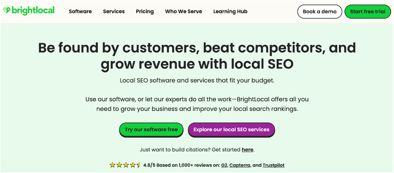 Main page of the BrightLocal website