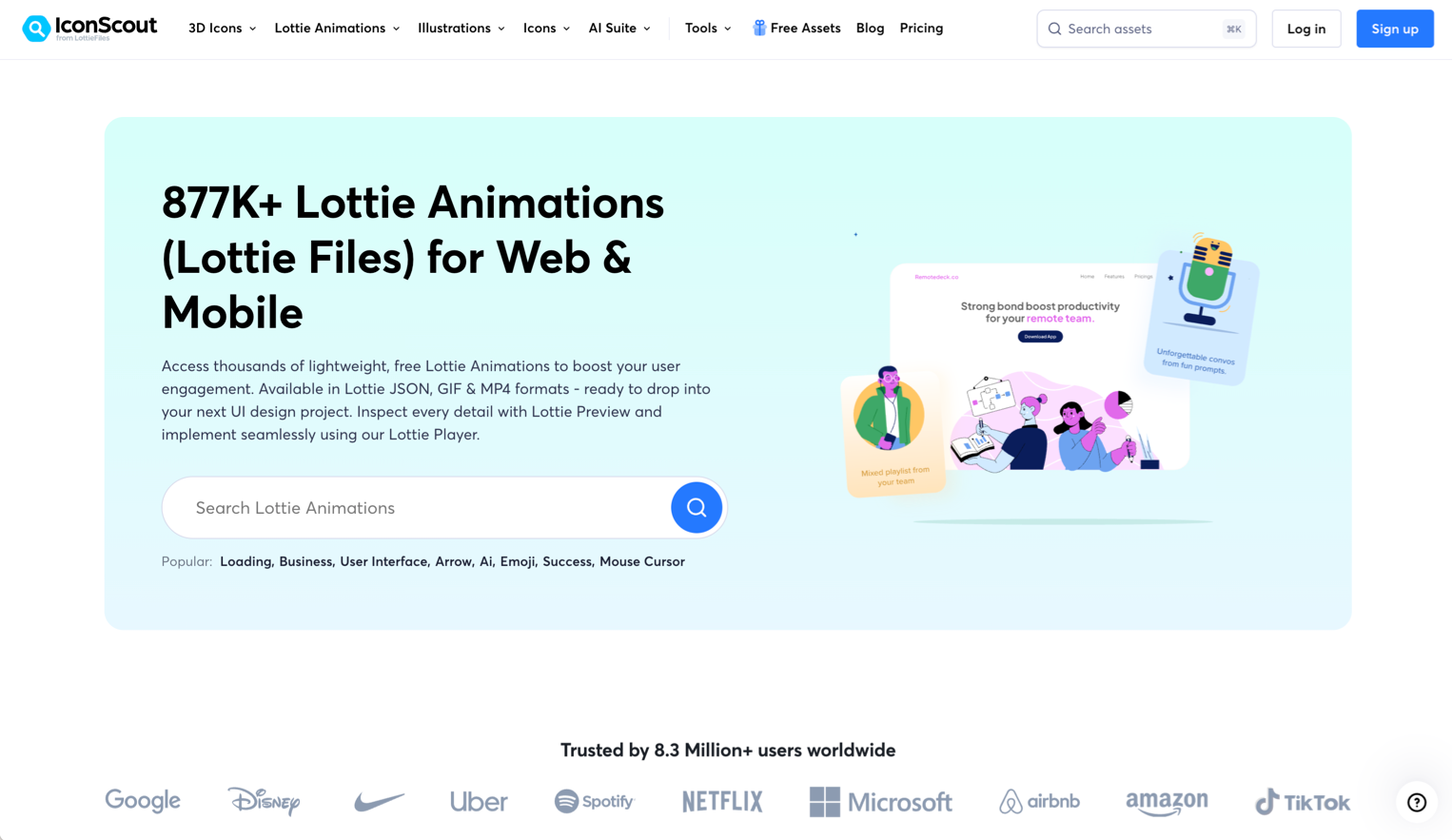 877,000+ Lottie animations. Best for large-scale projects that need variety in animated assets.