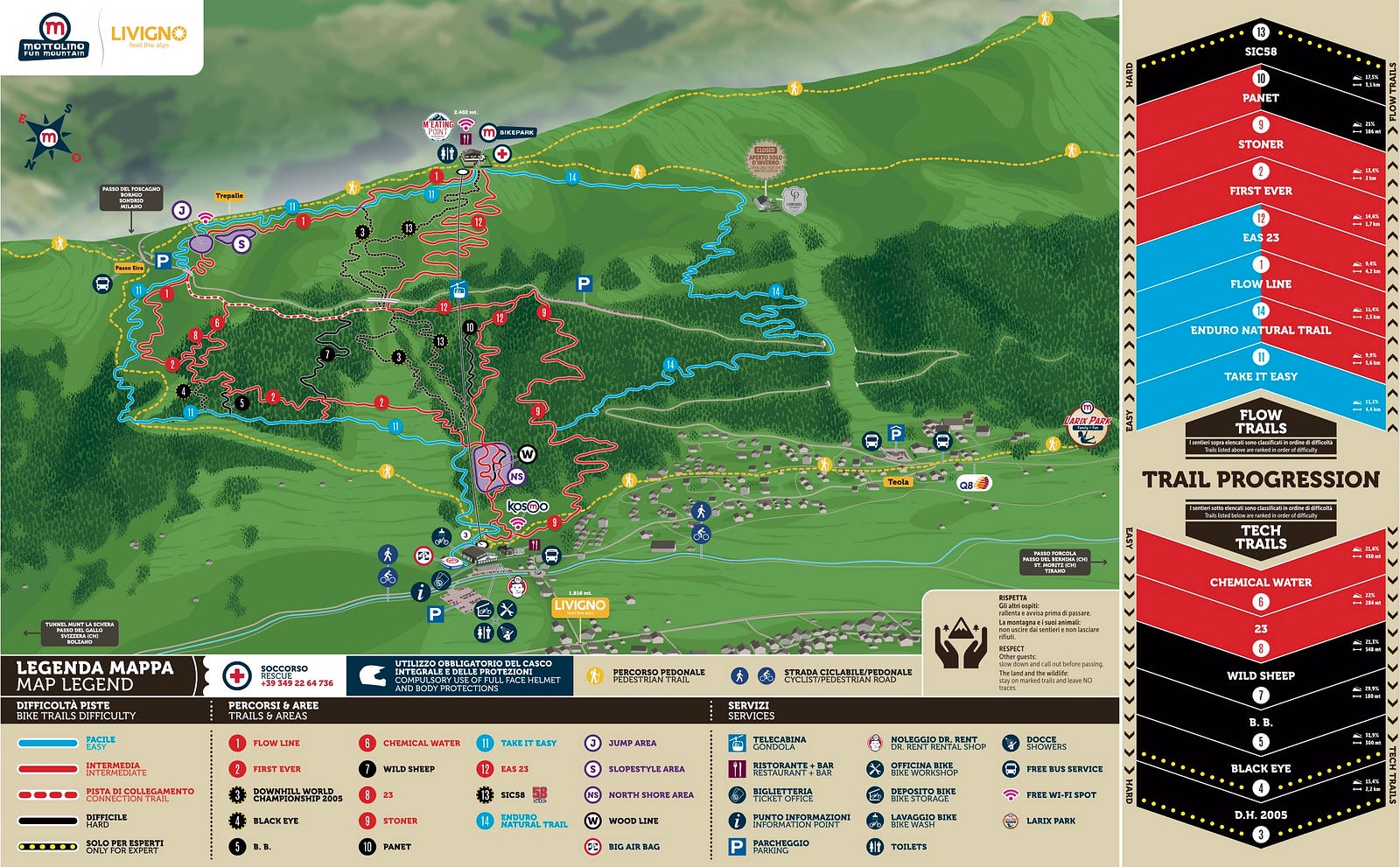 Mappa dei trails del Mottolino Bike Park a Livigno