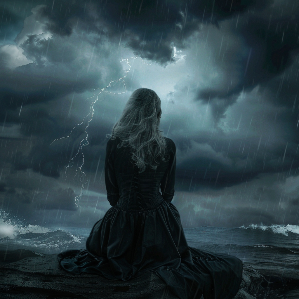 Woman on a stormy ocean shore, lightening and dark clouds around her, looking toward the water, AI generated image, created with Midjourney.