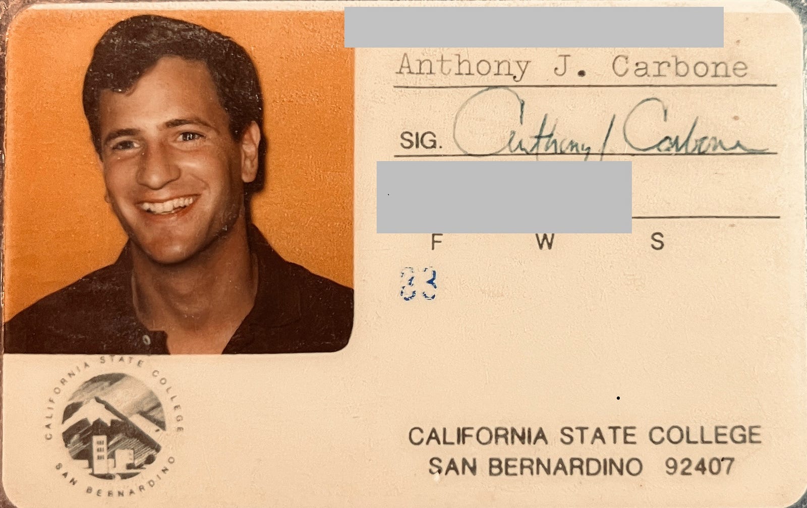 My faculty Identification Card from California State College, at San Bernardino. Biography of Dr. Anthony J. Carbone.