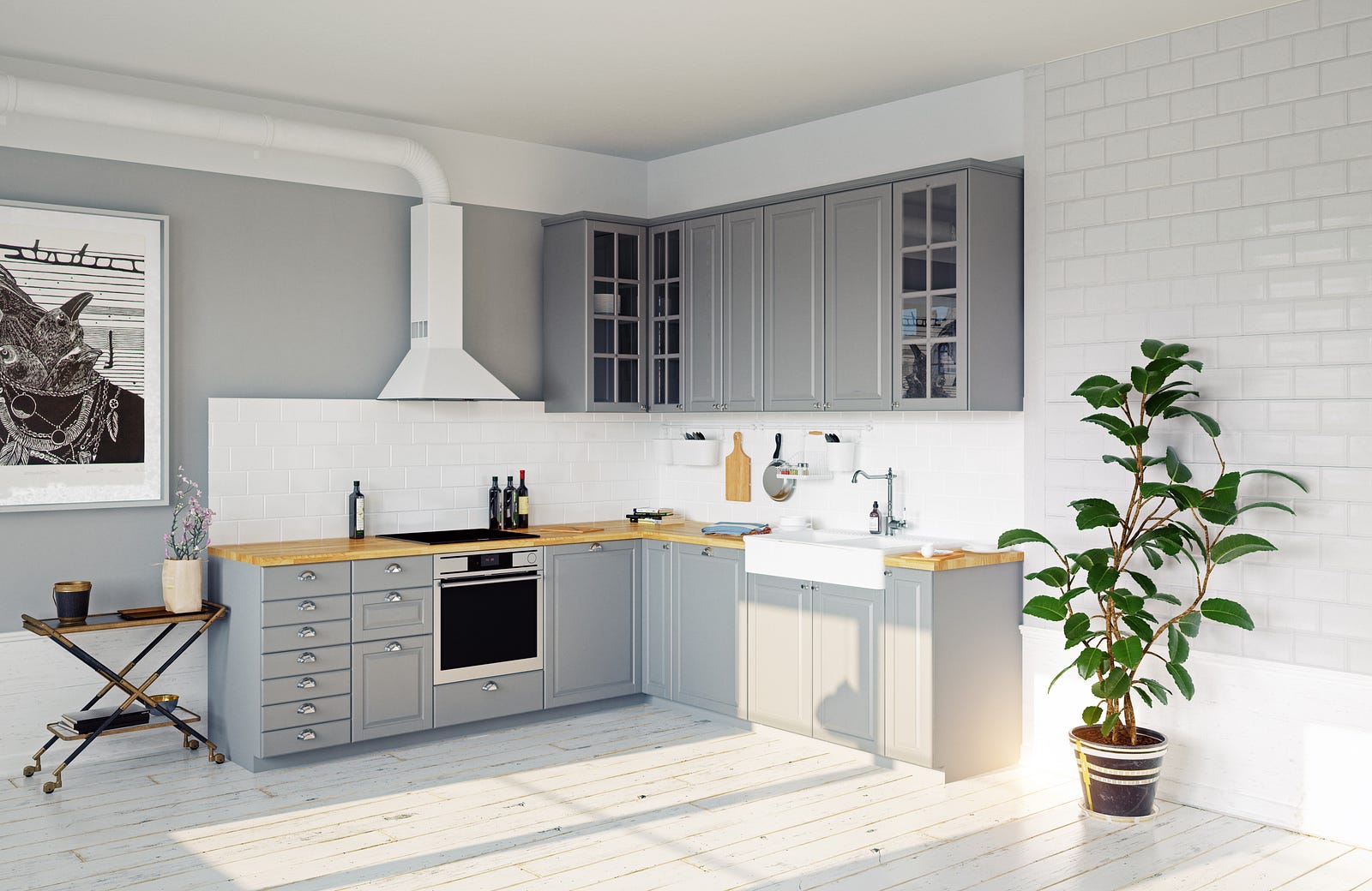 Modern style grey kitchen in an open flat