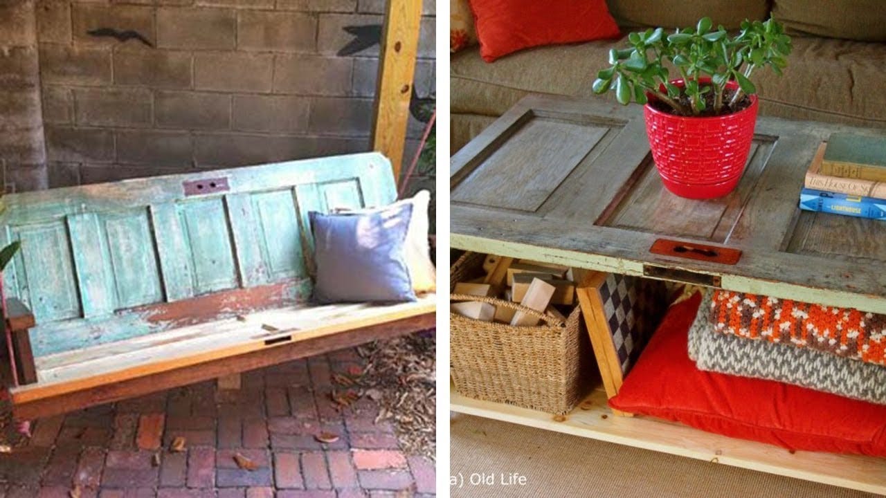 Doors that have been repurposed into a bench and coffee table.