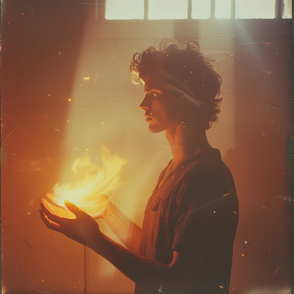 young man with fire in his hand, backlight, polaroid style, AI generated image, created with Midjourney.