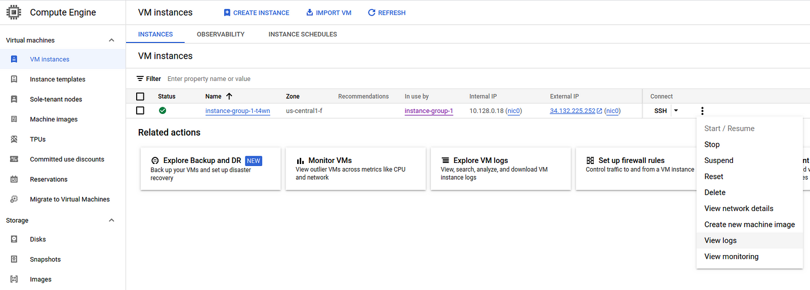 Screenshot of a created VM instance and how to access logs and monitoring sections from the user interface