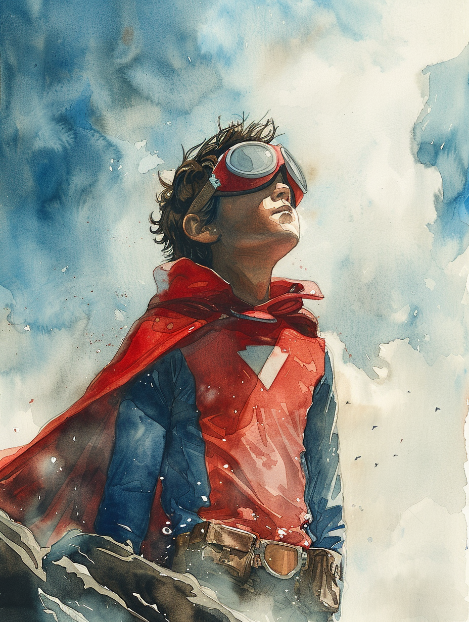 superhero watercolor depicting young hero in a cape and mask, created with Midjourney AI generated image.