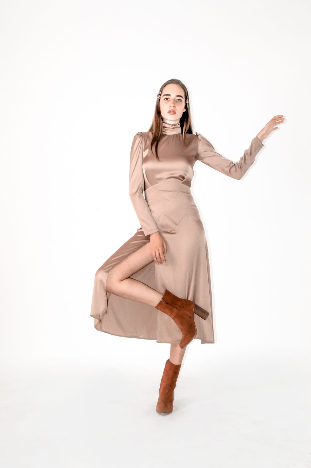 Turtleneck coffee midi dress with long sleeves and side slit by Bastet Noir