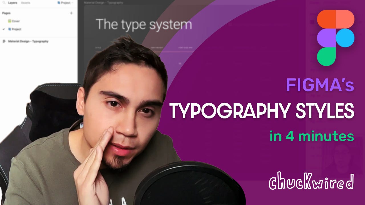 A picture of Chuck of chuckwired, whispering into the microphone, overlaid on a Figma file. Caption: Figma’s typography styles in 4 minutes.