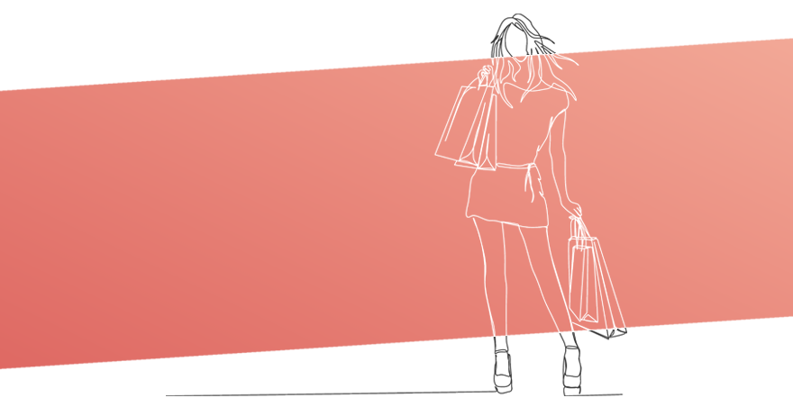 This is a simple, minimalistic line drawing of an attractive lady holding shopping bags over a diagonal, red, gradient backdrop. Dylan “Real Dyl” Roberts (@berealdyl) organized this design.