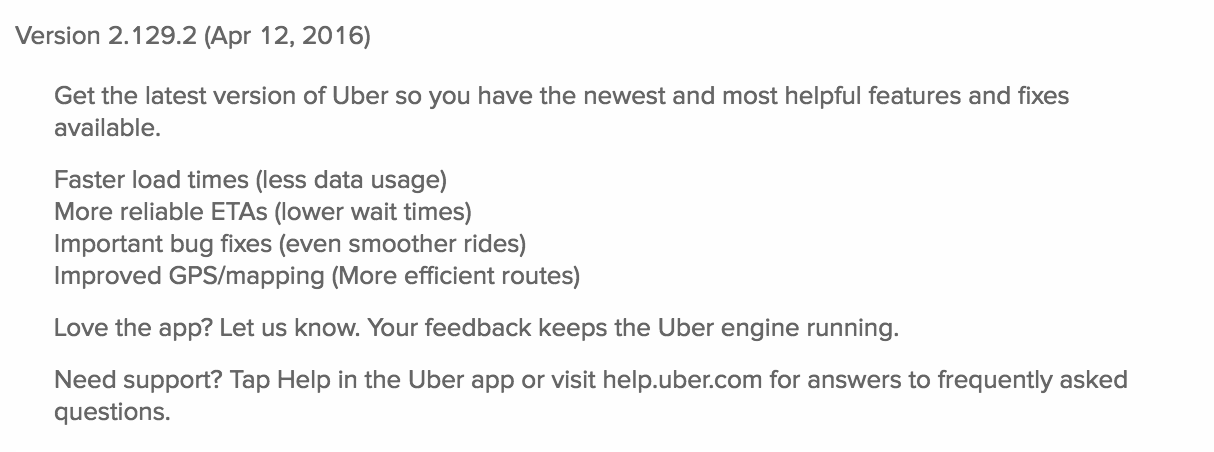Uber app: ‘What’s New’ text for an upgrade