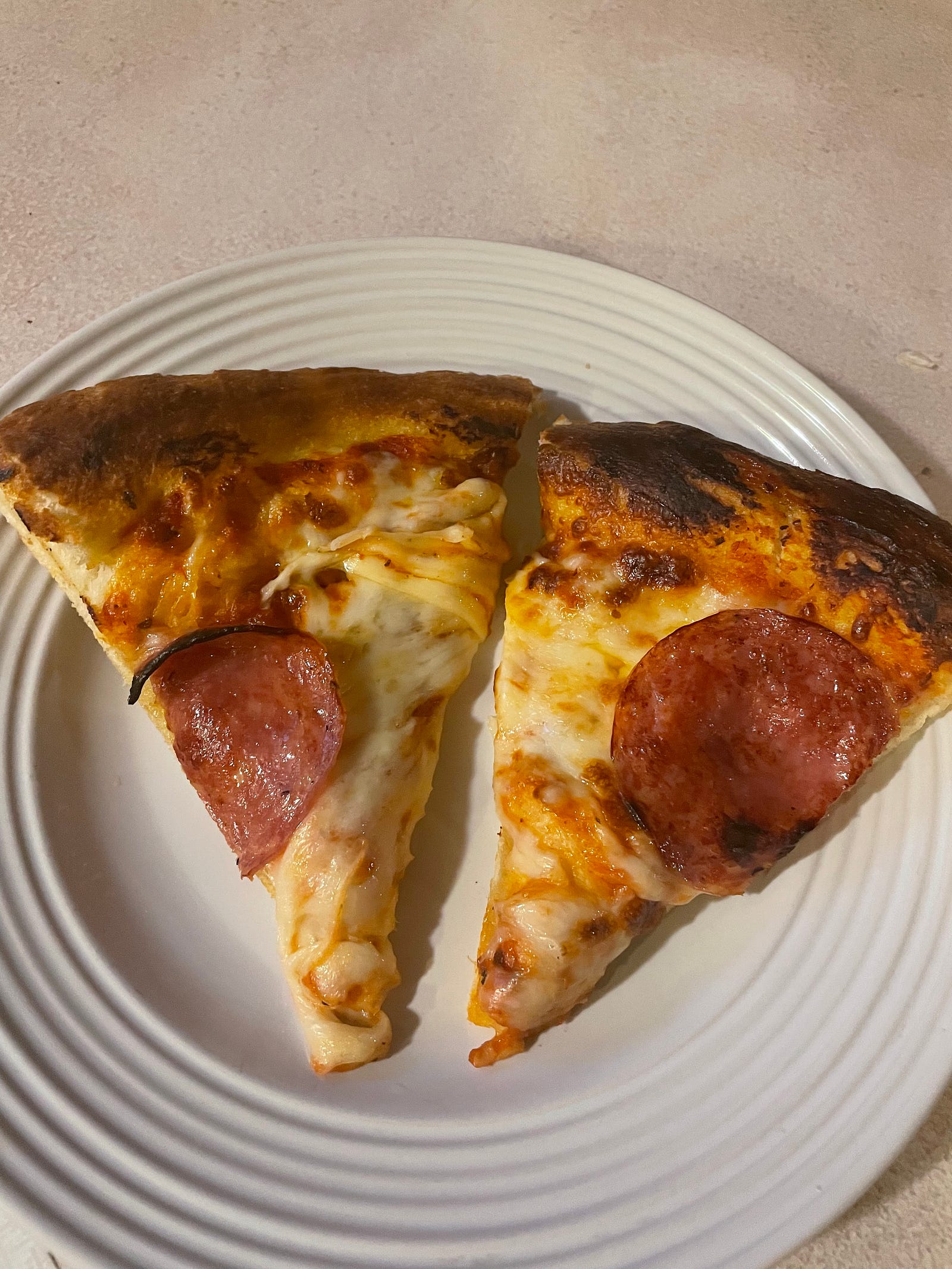 Two pieces of pizza on a plate.