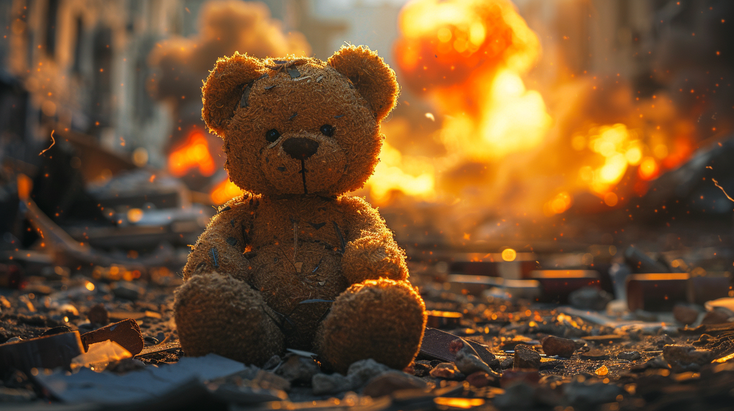 photography of a destroyed sad teddy bear, background of a war zone with fire and mushroom explosion, key light, AI generated image, created with Midjourney.