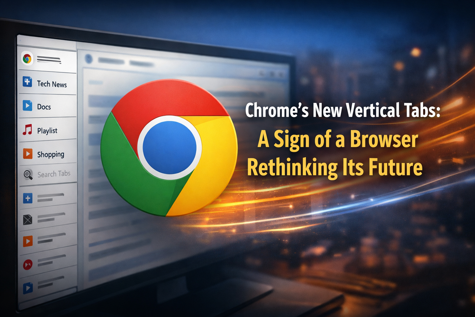 A modern illustration of Google Chrome with vertical tabs displayed on the left sidebar, symbolizing Chrome’s shift toward better tab management and a more organized browsing experience.