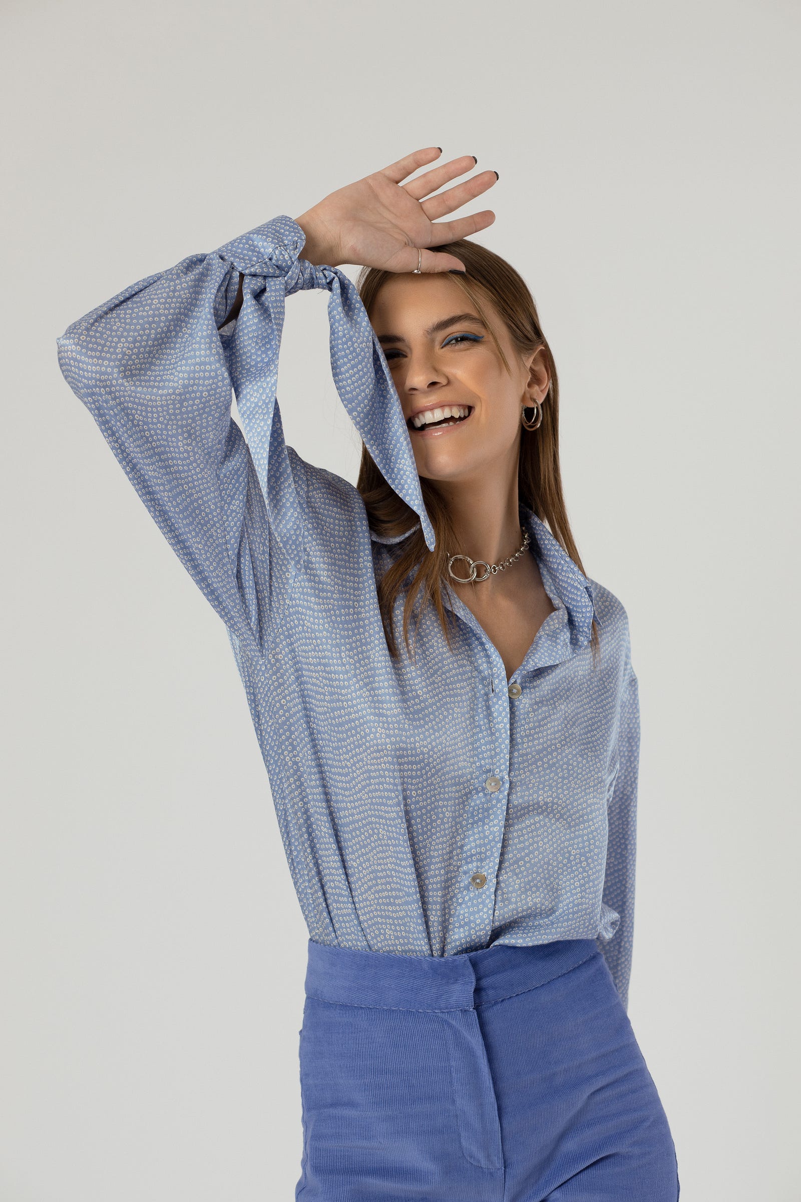 Baby blue cotton silk office shirt with wrist bows