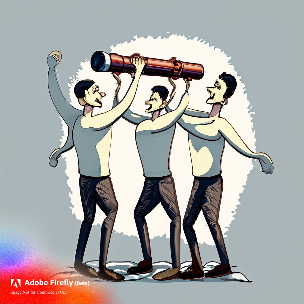Cartoon of three identical men fighting over a telescope