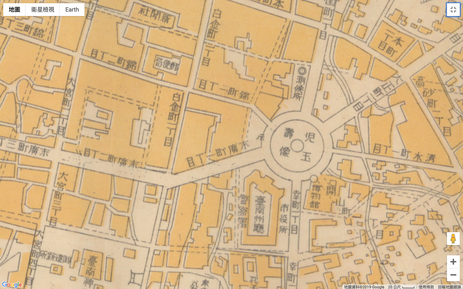 1928年臺南市全圖，時開山路尚未全線開通。原因大概是因為兩廣會館。