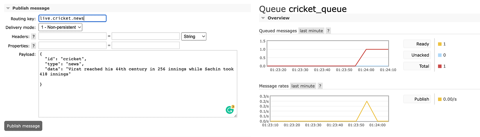A message published to sports.topic.exchange and received by cricket_queue