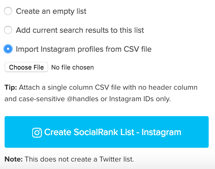 from here you can import profiles from a single column csv file make sure that the file has no header column and case sensitive handles or twitter ids - export instagram followers and instagram posts to spreadsheet csv