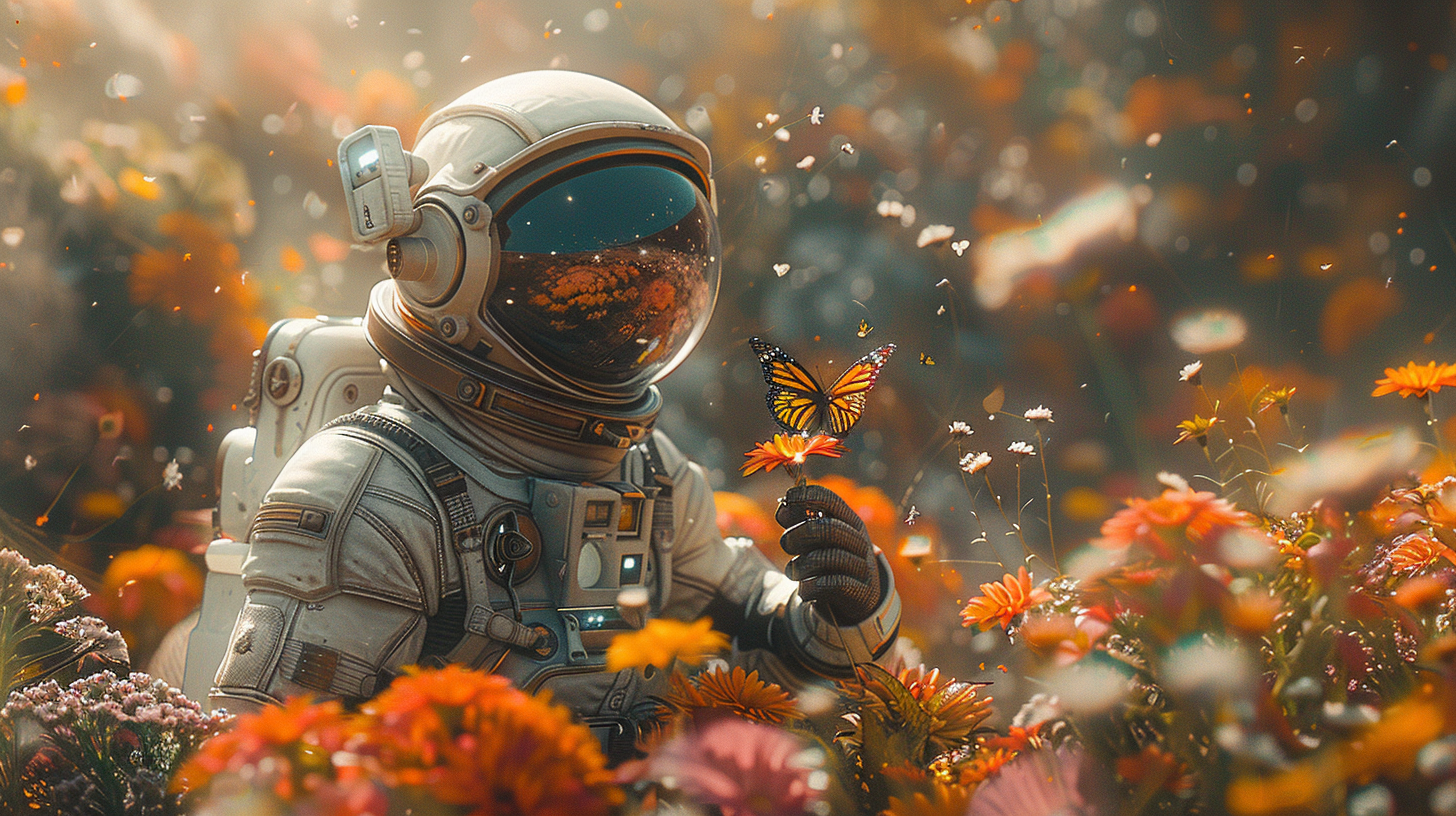 A futuristic astronaut in big colorful flowers and plants, in a space suit with simple futuristic technology, butterfly in his hand, flowers reflecting in his helmet, created with Midjourney AI generated Image.