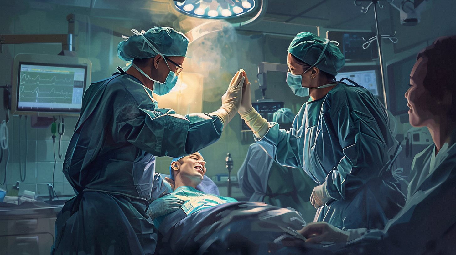 Surgeons high-fiving over a patient on hospital bed