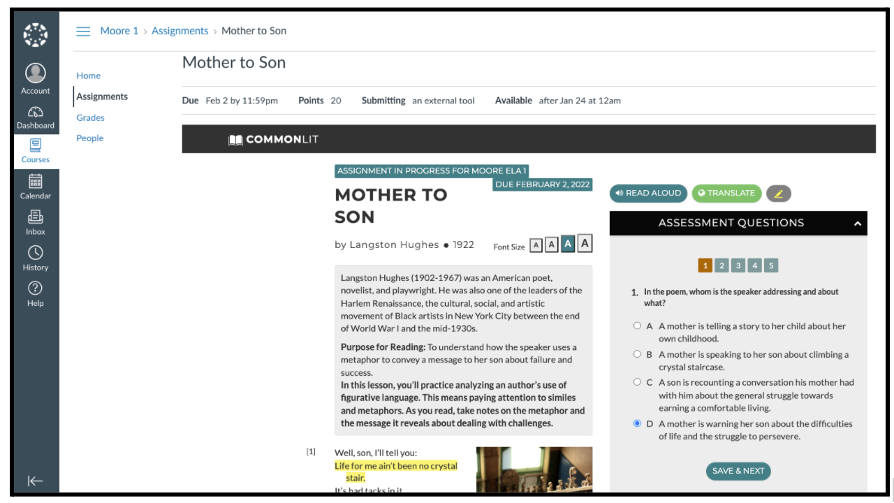 The CommonLit lesson "Mother to Son" assigned in Canvas.