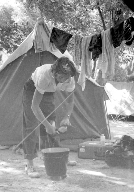 Marilyn doing the wash while on her Experiment's 18-day camping trip.