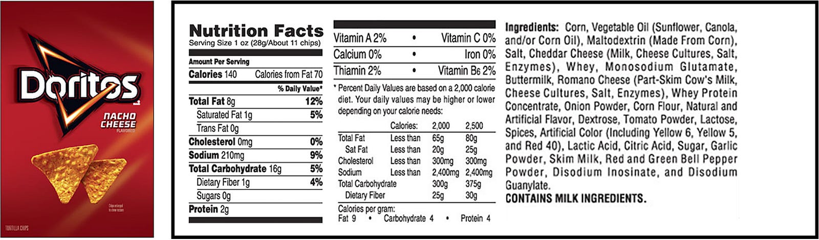 Doritos Chips Nacho Cheese Nutrition Bag Label Tortilla Facts Ingredients C...