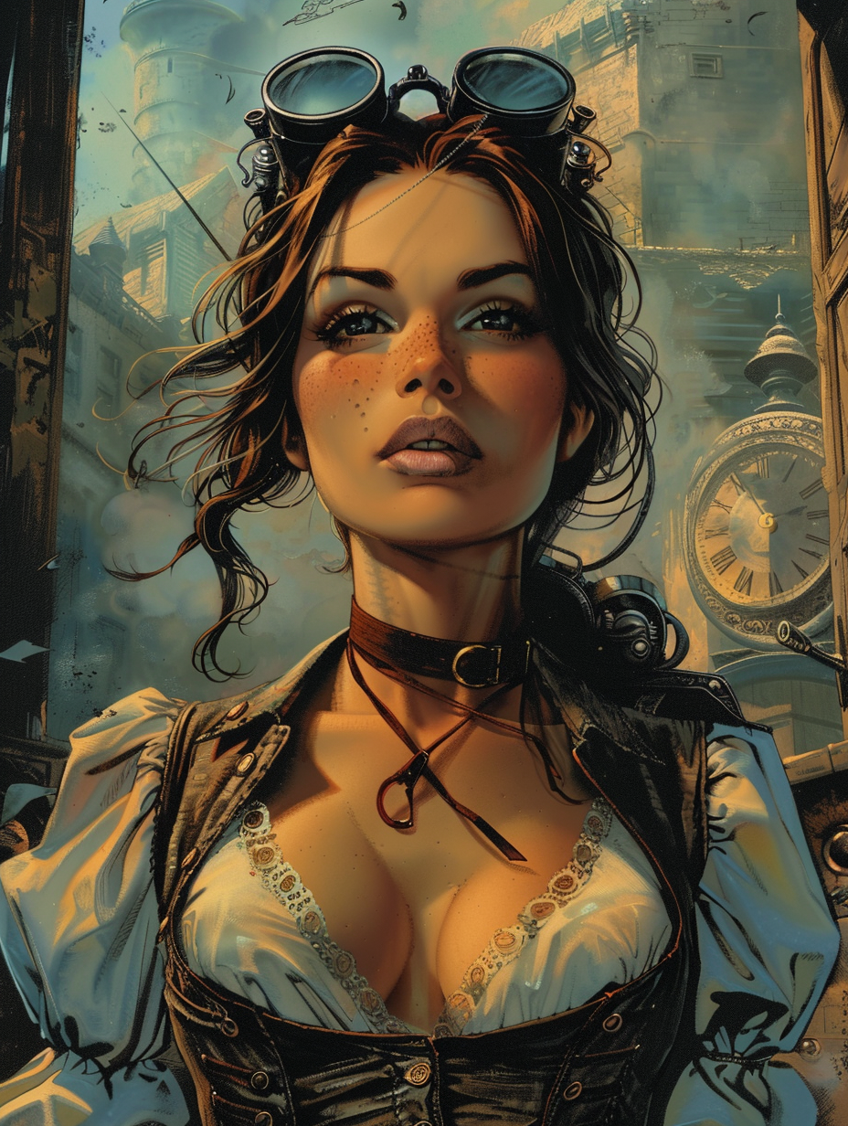 comic book artwork of a heroine, gorgeous, steampunk setting, illustrated, created with Midjourney AI generated image.