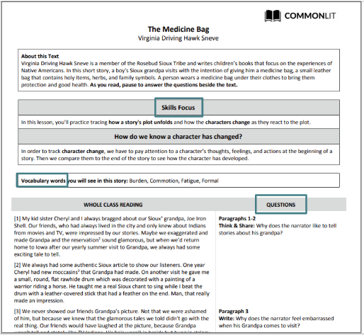 A worksheet breaking down the components for the reading lesson for "The Medicine Bag."