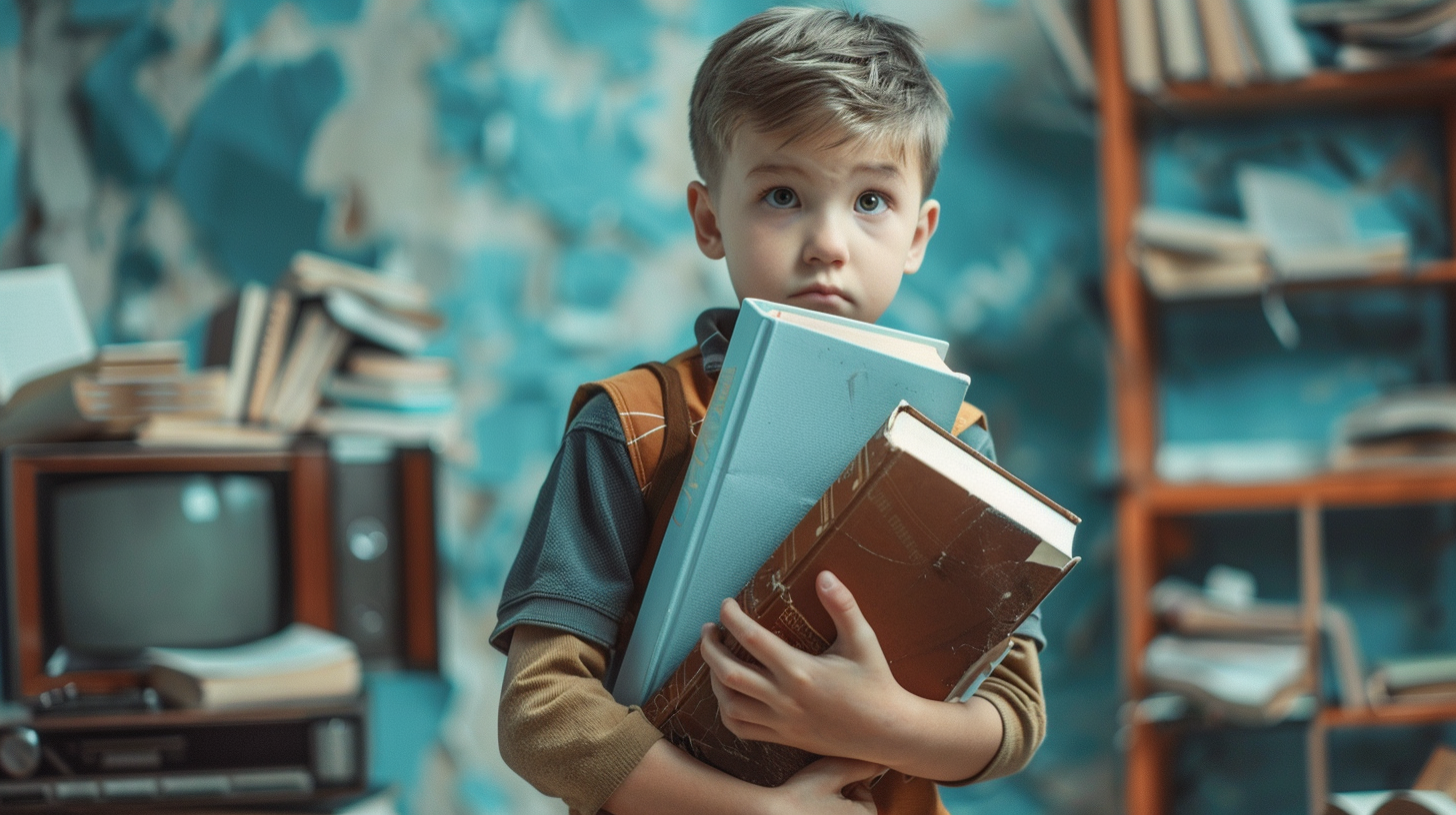 A boy holding books that have blank covers