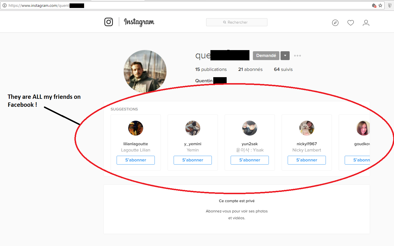 instagram de facto makes suggestions based on the profile friend s list here the request has been sent but not accepted yet by the user me - facebook friends following me on instagram