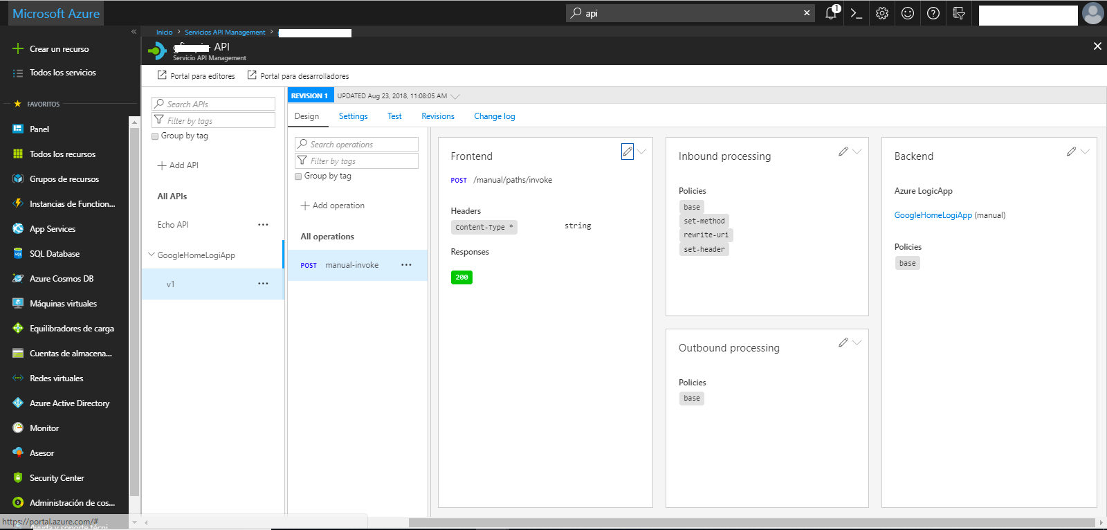 Configuración Azure API Management y Logic App